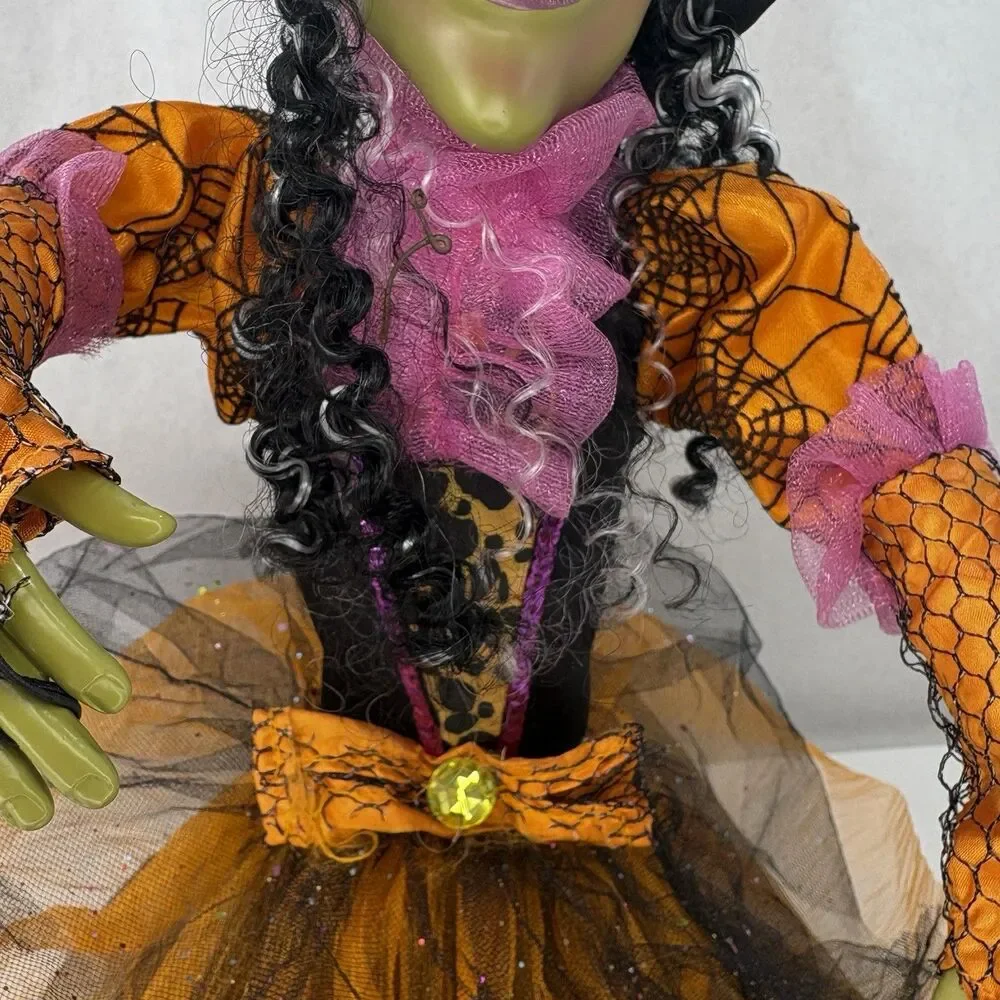 Vintage Halloween Witch Doll Shelf Sitter 30” Decor Orange Black Spooky Cute!